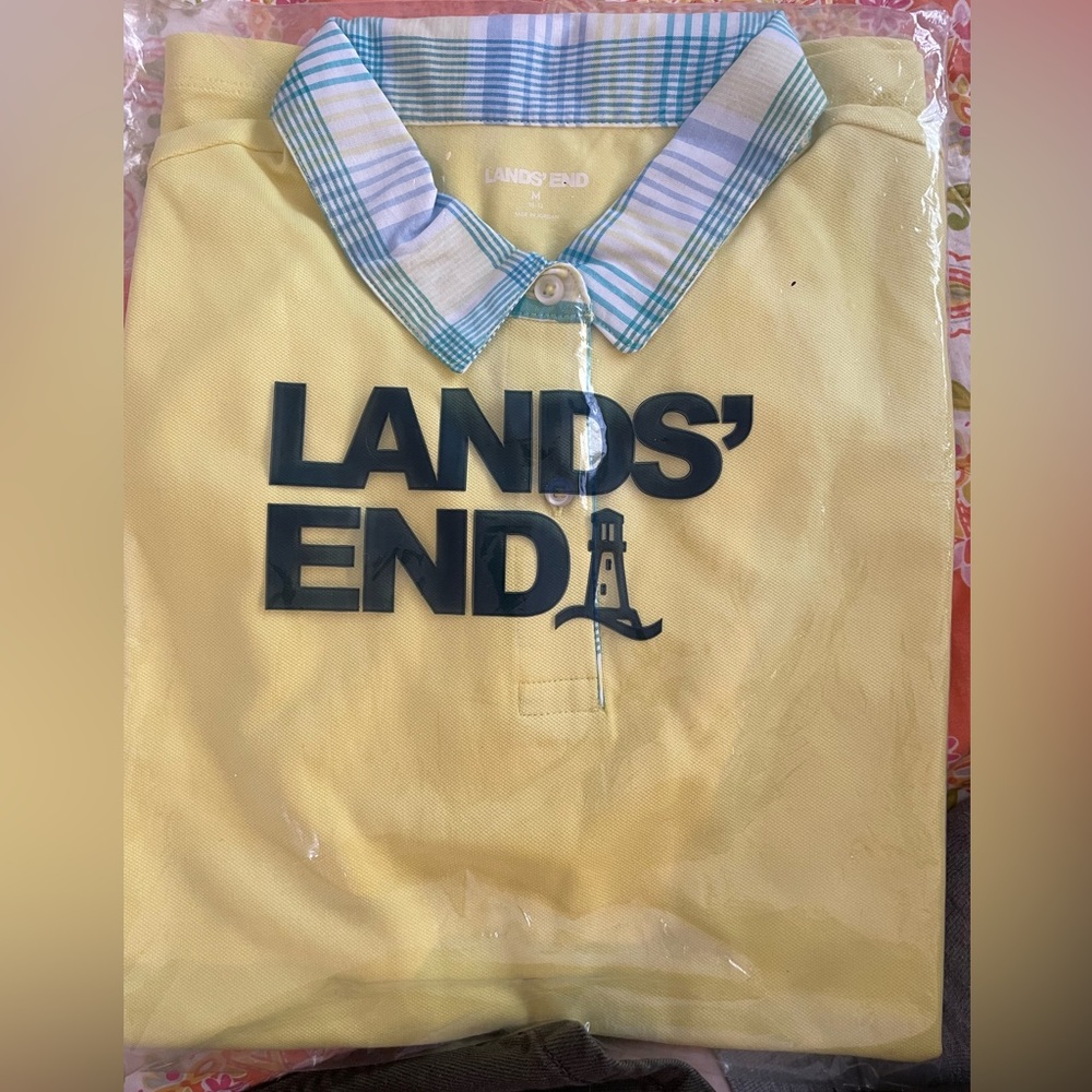 NWT Land’s End Women’s M 10-12 Yellow Golf Shirt with Blue & White Plaid Collar